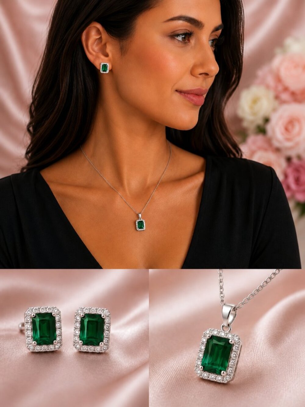 NEW 925 Sterling Silver Set of 2 Emerald Diamond Necklace and Earrings Studs